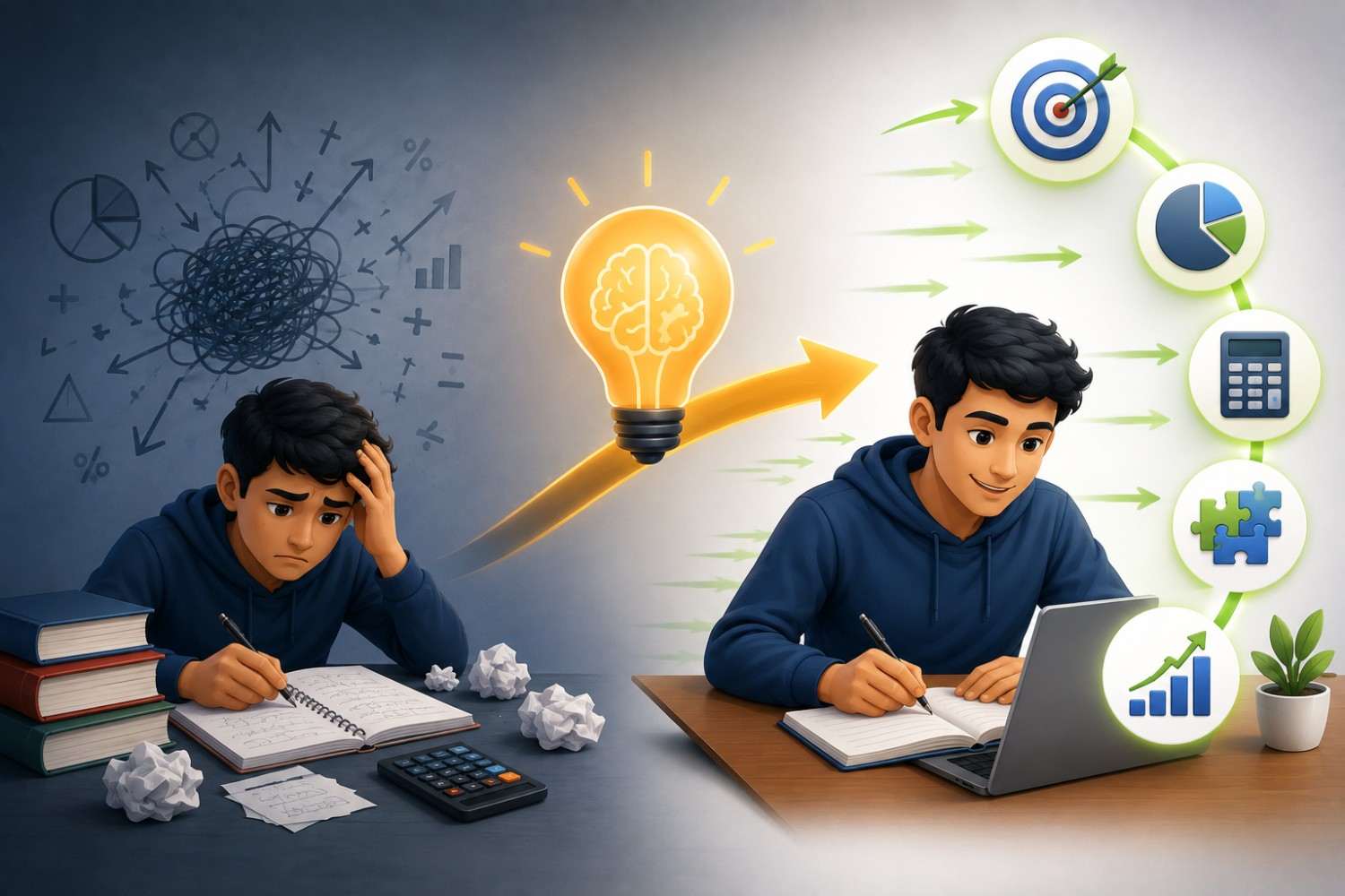 Split-scene illustration showing a student struggling with complex arithmetic calculations on one side and confidently solving quantitative problems using strategic shortcuts on the other, connected by a glowing lightbulb and arrow.